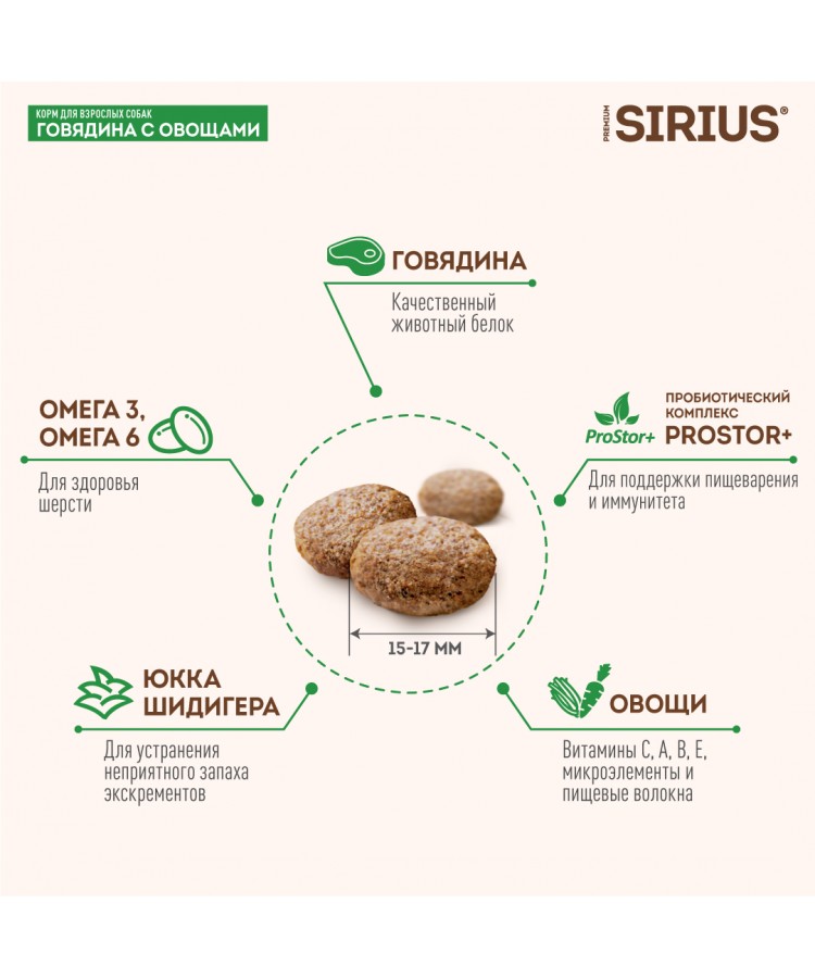 Сухой корм SIRIUS для взрослых собак, говядина с овощами, 15 кг