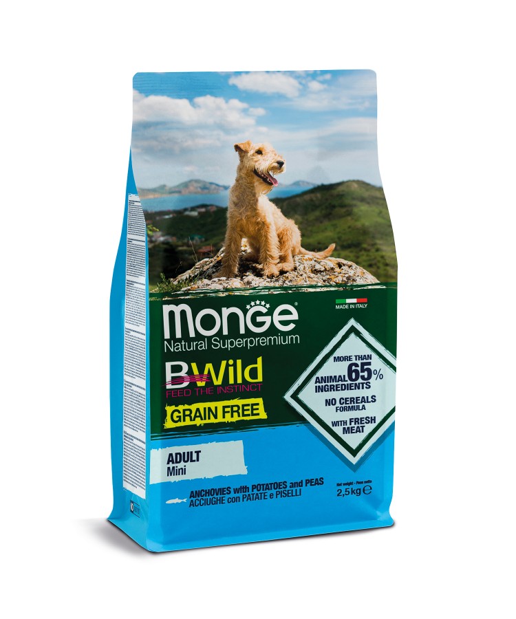 Monge Dog BWild GRAIN FREE Mini беззерновой корм из анчоуса с картофелем для взрослых собак мелких пород 2,5кг