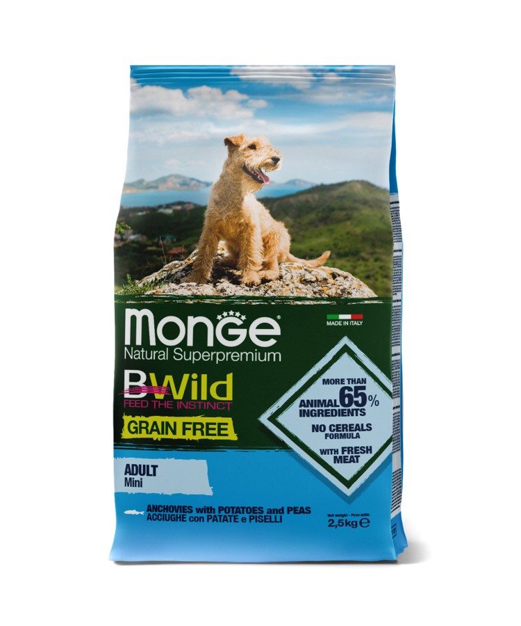 Monge Dog BWild GRAIN FREE Mini беззерновой корм из анчоуса с картофелем для взрослых собак мелких пород 2,5кг