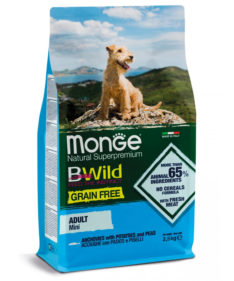 Monge Dog BWild GRAIN FREE Mini беззерновой корм из анчоуса с картофелем для взрослых собак мелких пород 2,5кг