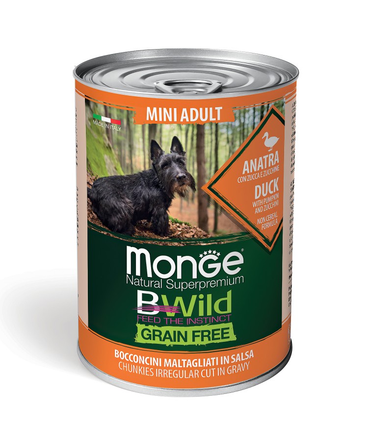 Влажный корм Monge Dog BWild GRAIN FREE Mini для взрослых собак мелких пород, беззерновой, из утки с тыквой и кабачками, консервы 400 г