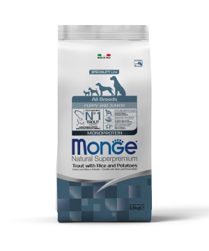 Сухой корм Monge Dog Speciality Line Monoprotein для щенков всех пород, из форели с рисом и картофелем 2,5 кг