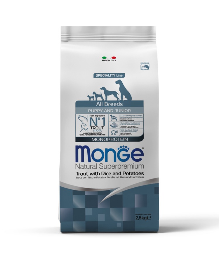 Сухой корм Monge Dog Speciality Line Monoprotein для щенков всех пород, из форели с рисом и картофелем 2,5 кг