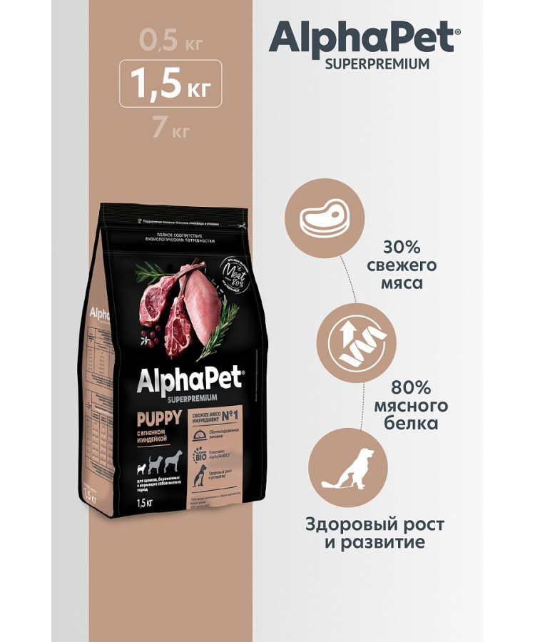 AlphaPet Superpremium (АльфаПет) 1,5кг с ягненком и индейкой сухой для щенков мелких пород