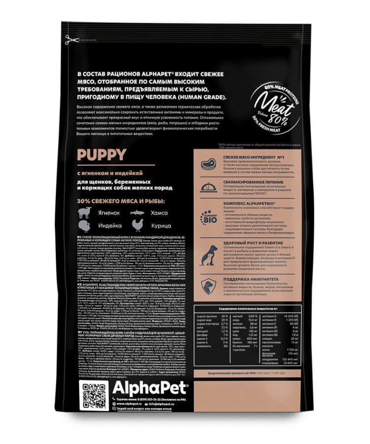 AlphaPet Superpremium (АльфаПет) 1,5кг с ягненком и индейкой сухой для щенков мелких пород