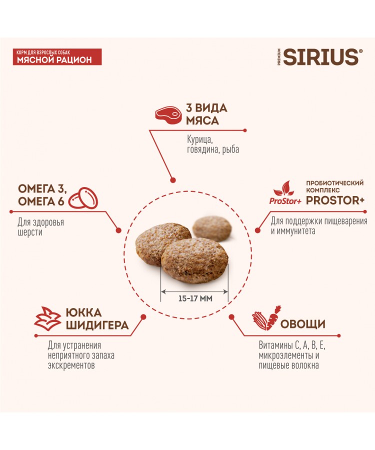 Сухой корм SIRIUS для взрослых собак, мясной рацион, 2 кг