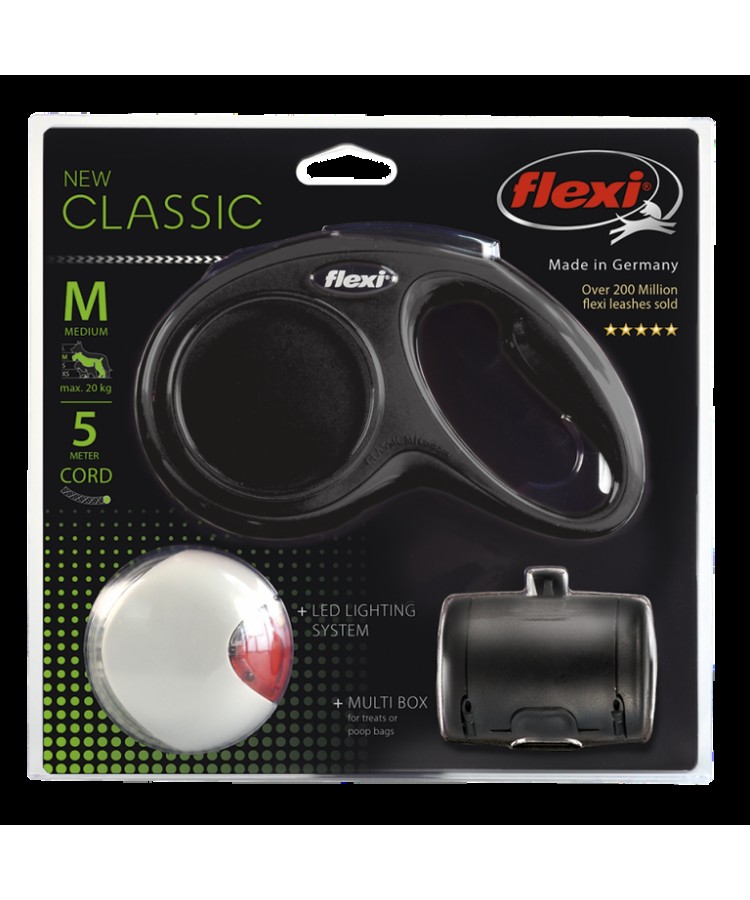 Набор Flexi NEW Classic Basic M 5 м/до 20 кг трос + LED фонарик + Multi-box черный