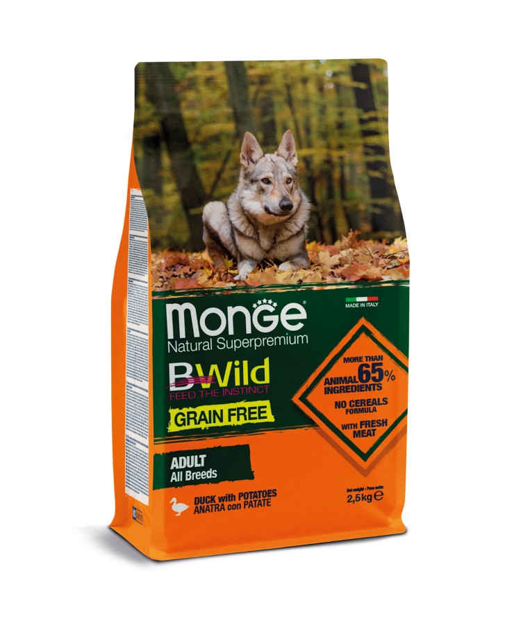 Сухой корм Monge Dog BWild GRAIN FREE, для взрослых собак, беззерновой, утка с картофелем 2,5 кг