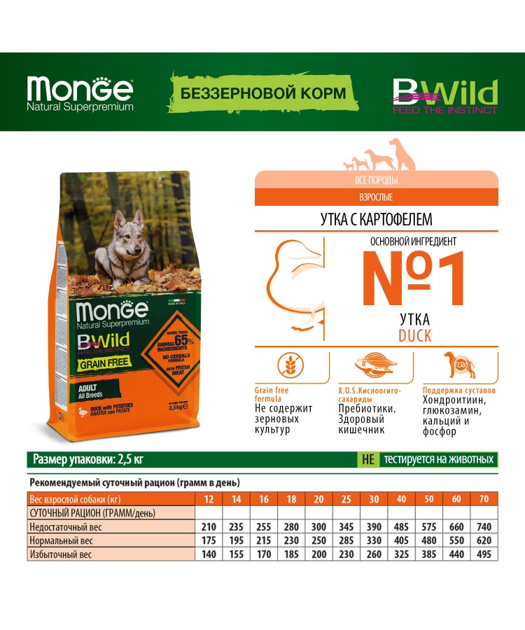 Сухой корм Monge Dog BWild GRAIN FREE, для взрослых собак, беззерновой, утка с картофелем 2,5 кг