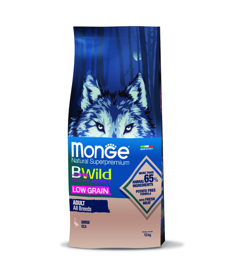 Сухой корм Monge Dog BWild LOW GRAIN, для взрослых собак, низкозерновой, из мяса гуся 12 кг