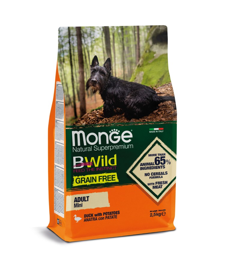 Сухой корм Monge Dog BWild GRAIN FREE Mini корм для взрослых собак мелких пород, беззерновой, из утки с картофелем 2,5 кг