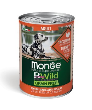 Влажный корм Monge Dog BWild GRAIN FREE для взрослых собак, из индейки с тыквой и кабачками, консервы 400 г