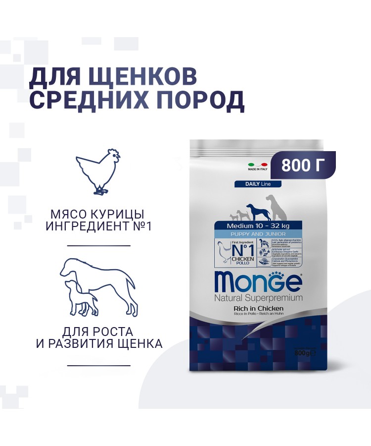 Сухой корм Monge Dog Daily Line Medium для щенков средних пород, из курицы 800 г