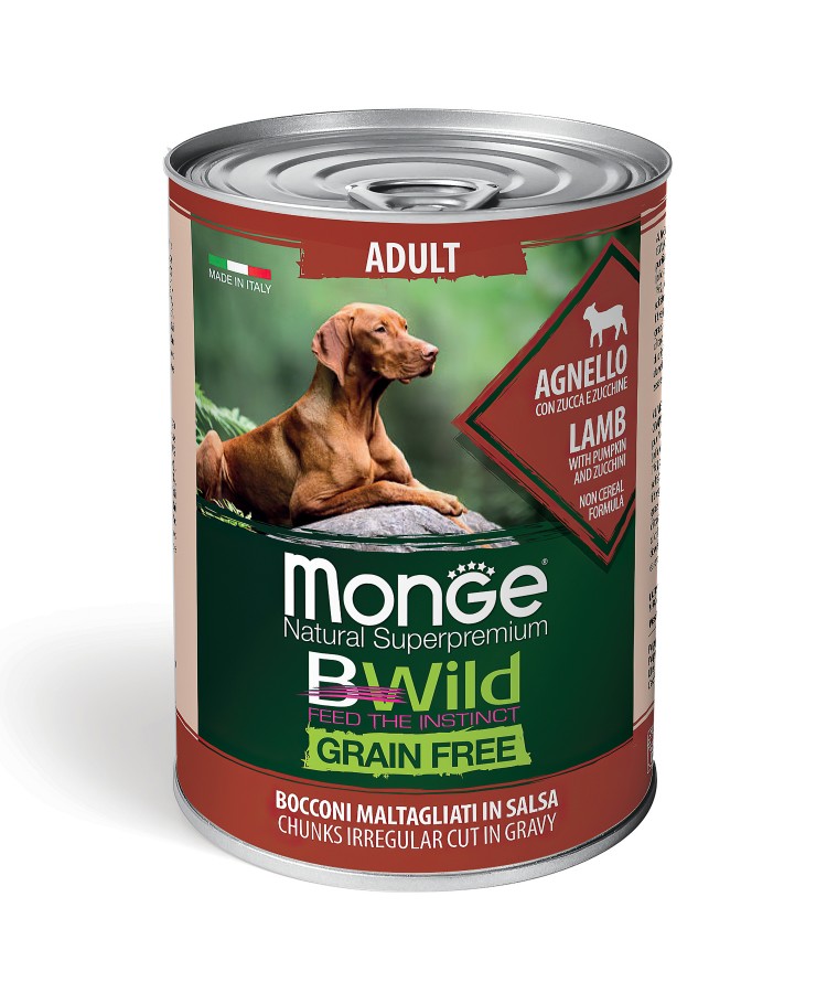 Влажный корм Monge Dog BWild GRAIN FREE для взрослых собак, беззерновой, из ягненка с тыквой и кабачками, консервы 400 г