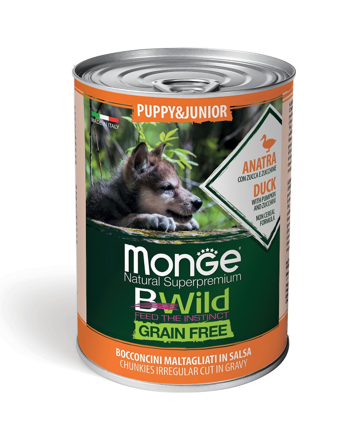 Влажный корм Monge Dog BWild GRAIN FREE Puppy&Junior для щенков и беременных собак, беззерновой, из утки с тыквой и кабачками, консервы 400 г