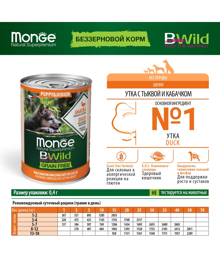 Влажный корм Monge Dog BWild GRAIN FREE Puppy&Junior для щенков и беременных собак, беззерновой, из утки с тыквой и кабачками, консервы 400 г