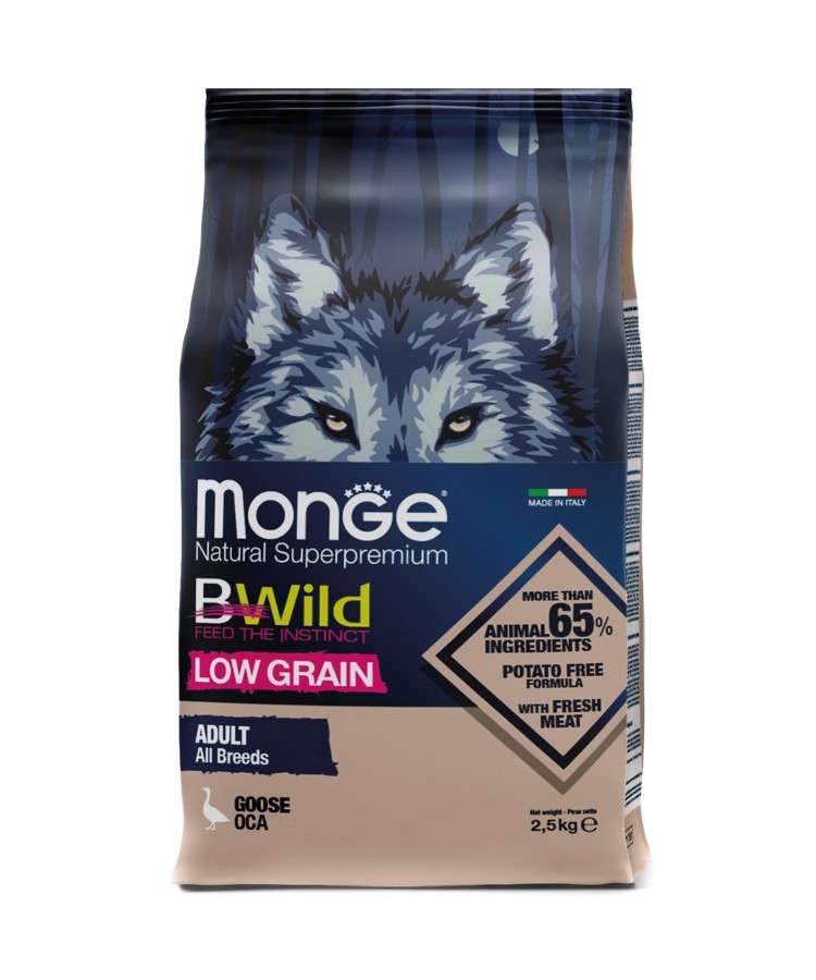 Сухой корм Monge Dog BWild LOW GRAIN, для взрослых собак, низкозерновой, из мяса гуся 2,5 кг