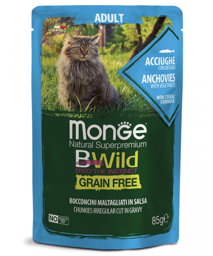 Monge Cat BWild GRAIN FREE паучи из анчоусов с овощами для взрослых кошек 85г