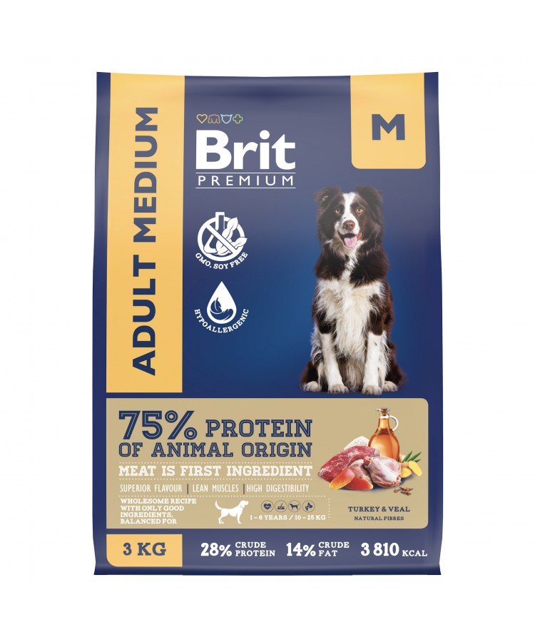 Brit Premium Dog Adult Medium с индейкой и телятиной для взрослых собак средних пород 3 кг