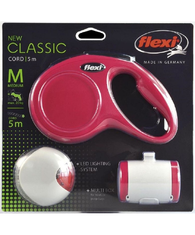 Набор Flexi NEW Classic Basic M 5 м/до 20 кг трос + LED фонарик + Multi-box красный