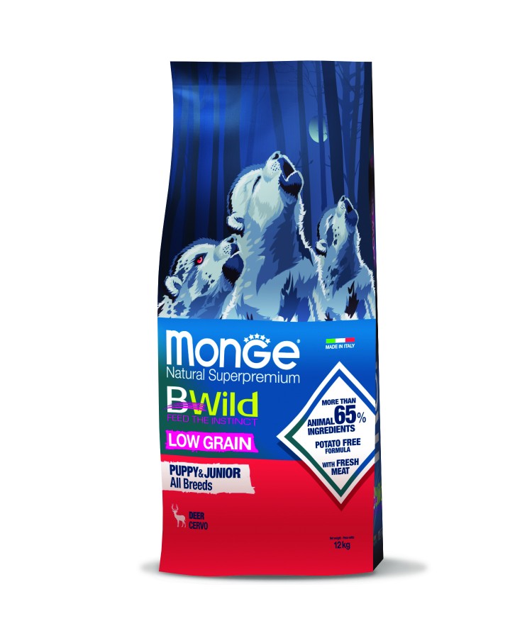 Сухой корм Monge Dog BWild LOW GRAIN Puppy & junior для щенков, низкозерновой, из мяса оленя 12 кг