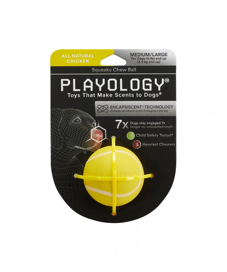 Playology хрустящий жевательный мяч SQUEAKY CHEW BALL 6 см с пищалкой и с ароматом курицы, желтый