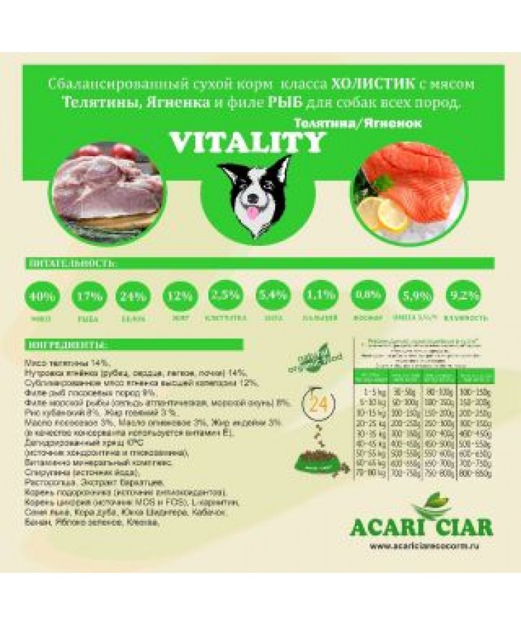 Acari ciar для собак VITALITY холистик телятина/ягненок/рыба средняя гранула 2,5 кг