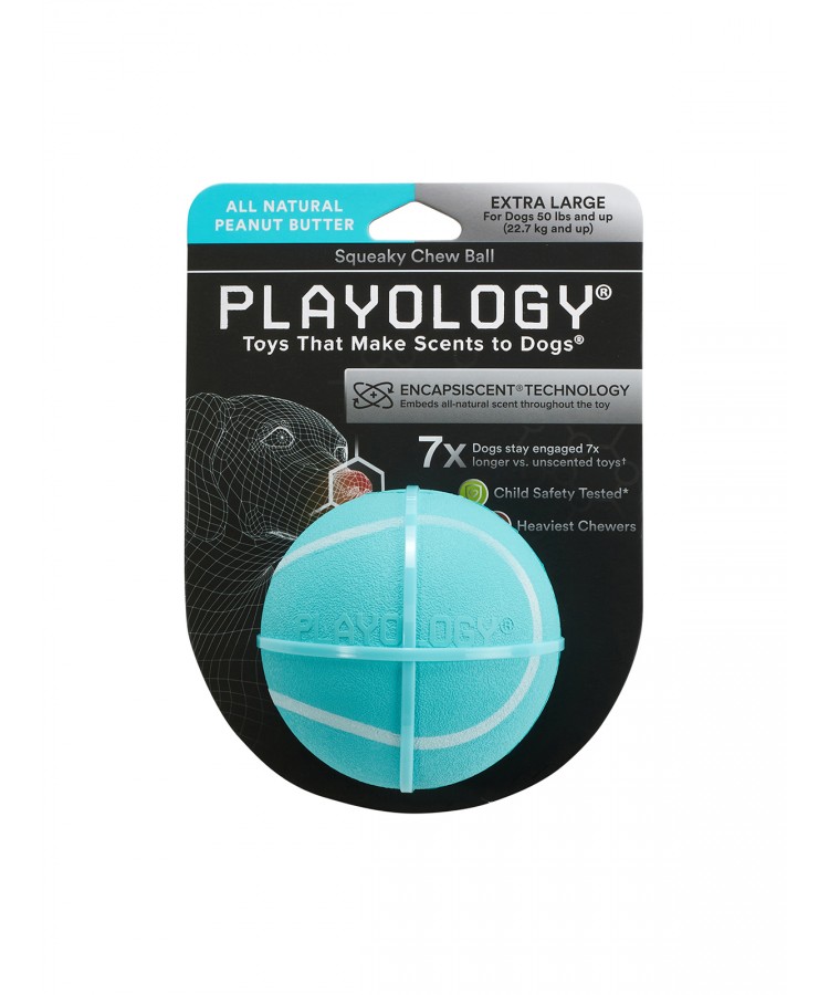 Playology хрустящий жевательный мяч SQUEAKY CHEW BALL 8 см с пищалкой и с ароматом арахиса, голубой