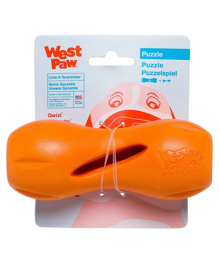 Игрушка West Paw Zogoflex Qwizl S гантеля для собак мелких пород под лакомства, оранжевая 14x6 см