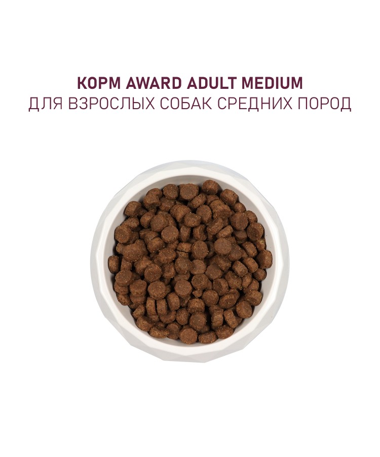 Сухой корм AWARD для взрослых собак средних пород с индейкой и курицей с добавлением моркови и черной смородины 12кг