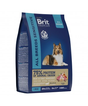 Brit (Брит) Premium Dog Sensitive с ягненком и индейкой для взрослых собак всех пород с чувствительным пищеварением 1 кг