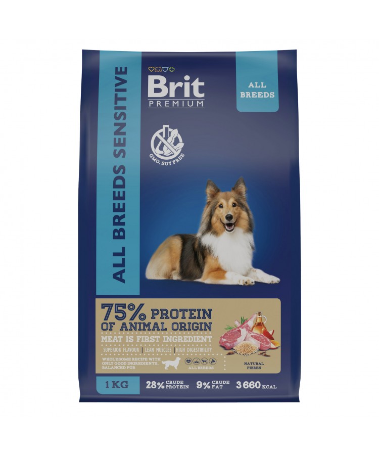 Brit Premium Dog Sensitive с ягненком и индейкой для взрослых собак всех пород с чувствительным пищеварением 1 кг