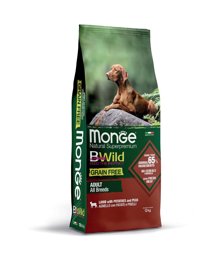 Сухой корм Monge Dog BWild GRAIN FREE, для вхрослых собак всех пород, беззерновой, из ягненка с картофелем и горохом 12 кг