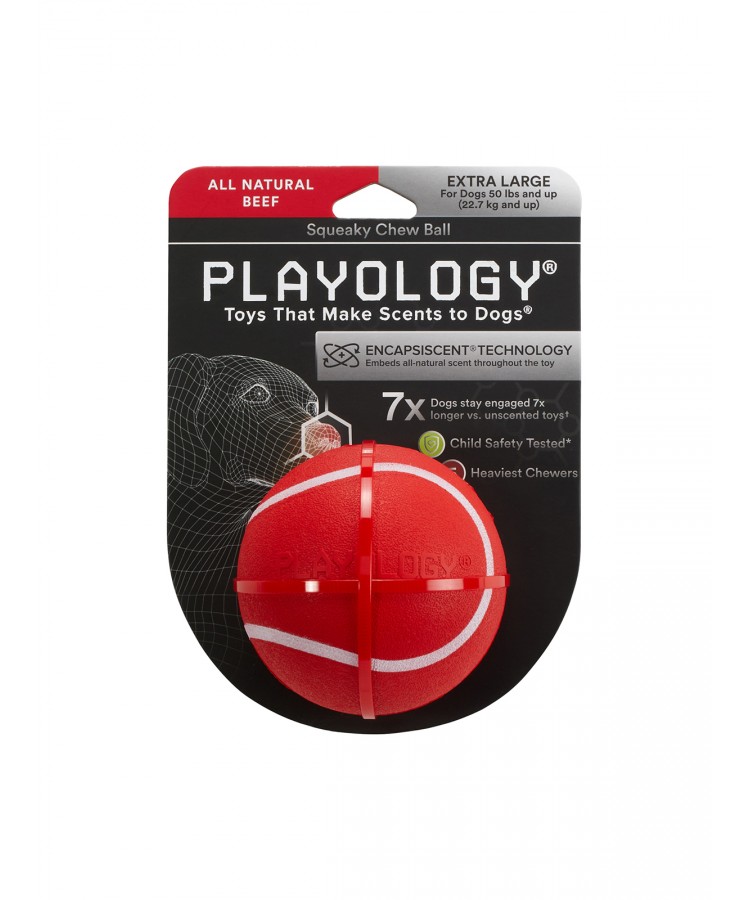 Playology хрустящий жевательный мяч SQUEAKY CHEW BALL 8 см с пищалкой и с ароматом говядины, красный