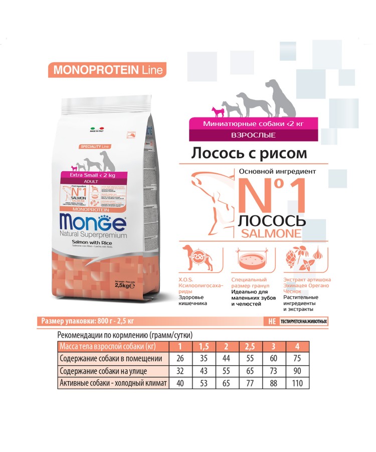 Сухой корм Monge Dog Speciality Line Monoprotein Extra Small для взрослых собак миниатюрных пород, с лососем с рисом 2,5 кг