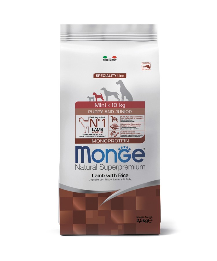 Сухой корм Monge Dog Speciality Line Monoprotein Mini корм для щенков и беременных собак мелких пород, из ягненка с рисом 2,5 кг