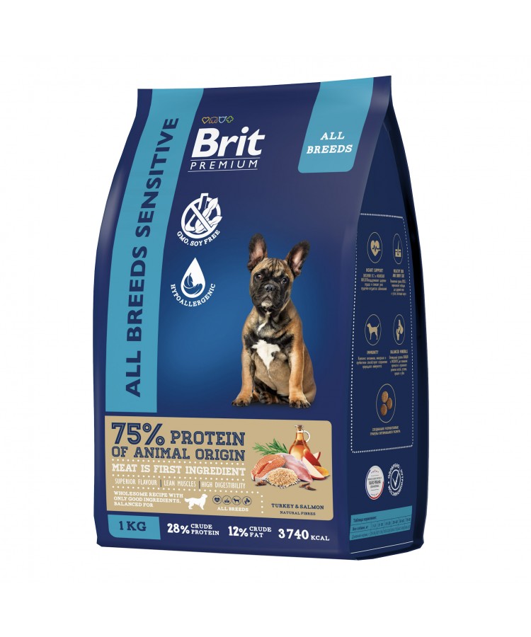 Brit Premium Dog Sensitive с лососем и индейкой для взрослых собак всех пород с чувствительным пищеварением 1 кг