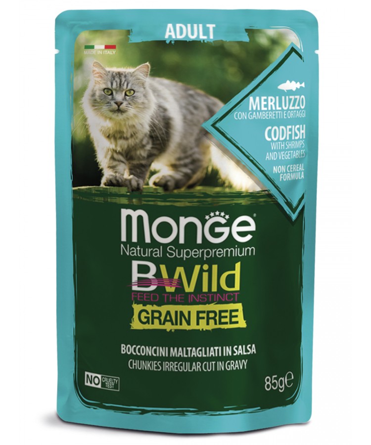 Monge Cat BWild GRAIN FREE паучи из трески с креветками и овощами для взрослых кошек 85г