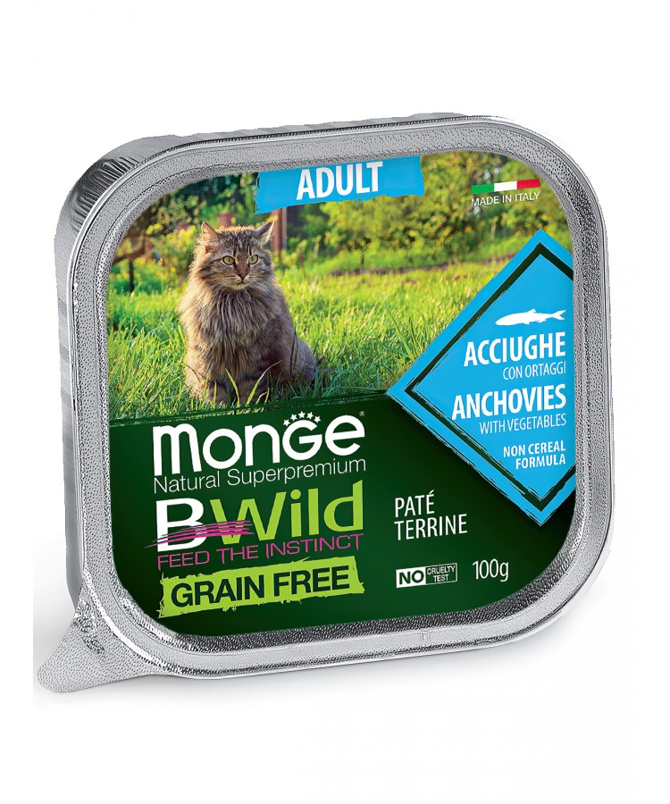 Monge Cat BWild GRAIN FREE беззерновые консервы из анчоусов с овощами для взрослых кошек 100г