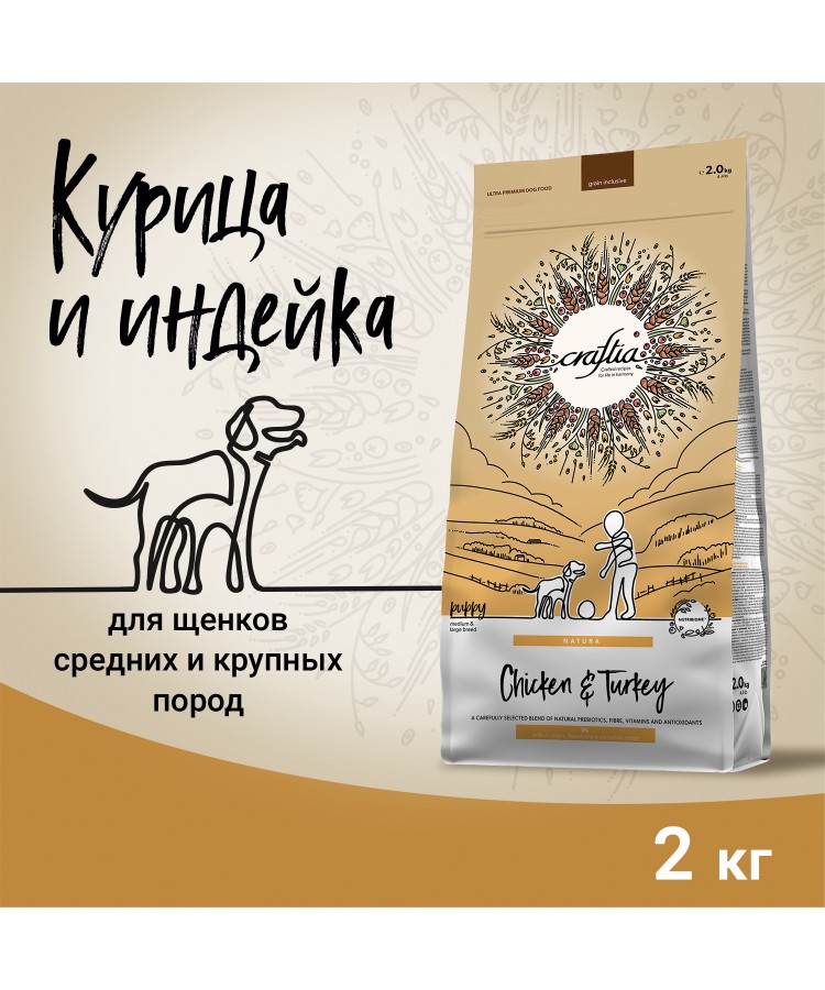 Сухой корм CRAFTIA (КРАФТИЯ) NATURA для щенков средних и крупных пород из курицы и индейки 2 кг