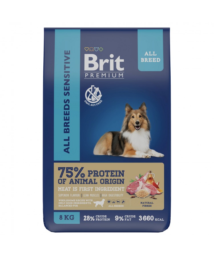 Brit Premium Dog Sensitive с ягненком и индейкой для взрослых собак всех пород с чувствительным пищеварением 8 кг