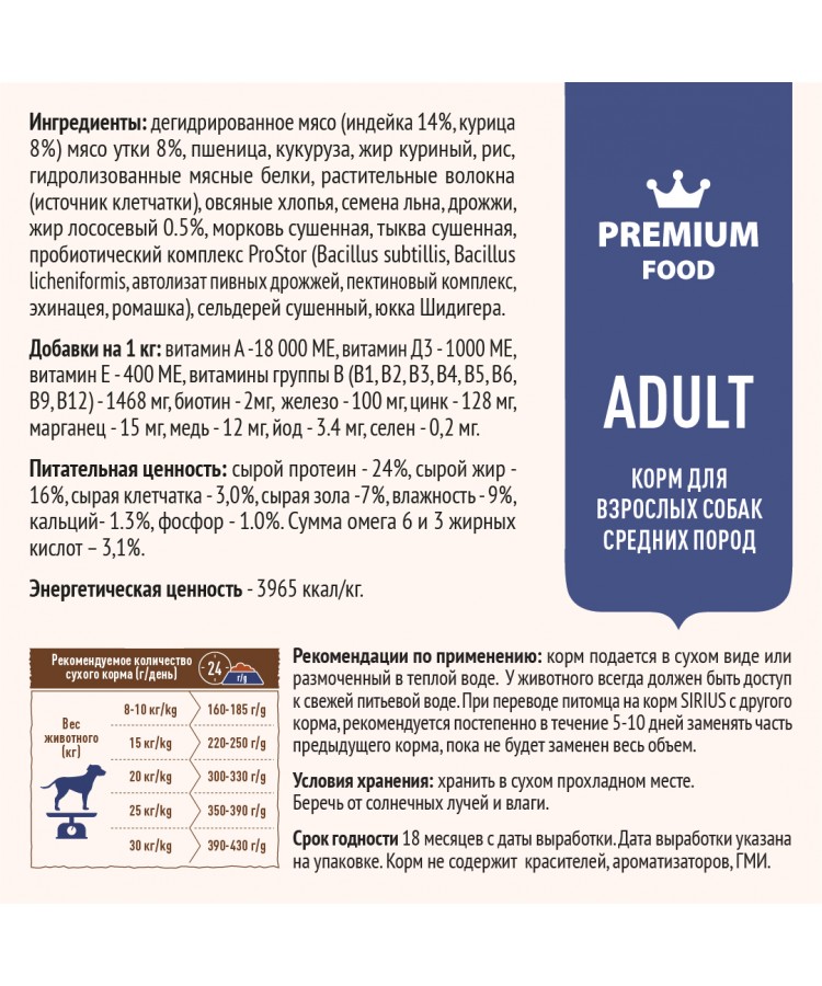 Сухой корм SIRIUS для взрослых собак средних пород, индейка, утка с овощами, 2 кг