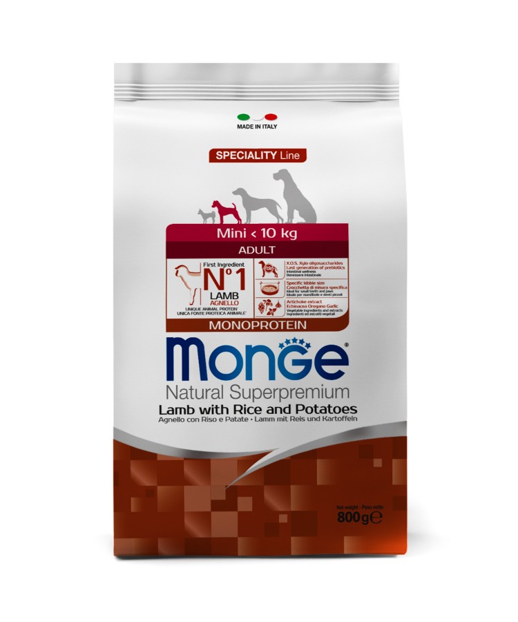 Сухой корм Monge Dog Speciality Line Monoprotein Mini, для взрослых собак мелких пород, из ягненка с рисом и картофелем 800 г