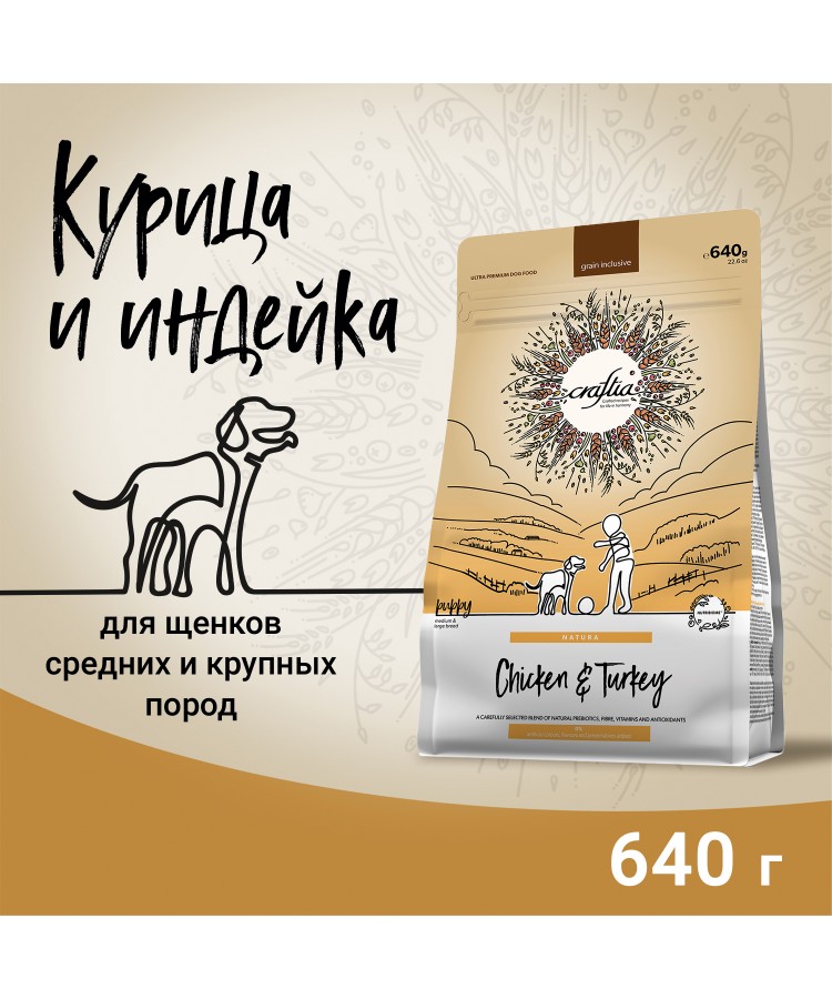 Сухой корм CRAFTIA (КРАФТИЯ) NATURA для щенков средних и крупных пород из курицы и индейки 640 г