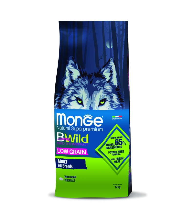 Сухой корм Monge Dog BWild LOW GRAIN, для взрослых собак, низкозерновой, из мяса дикого кабана 12 кг