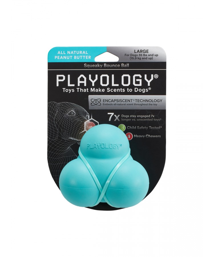 Playology хрустящий жевательный тройной мяч SQUEAKY BOUNCE BALL с пищалкой и с ароматом арахиса, голубой