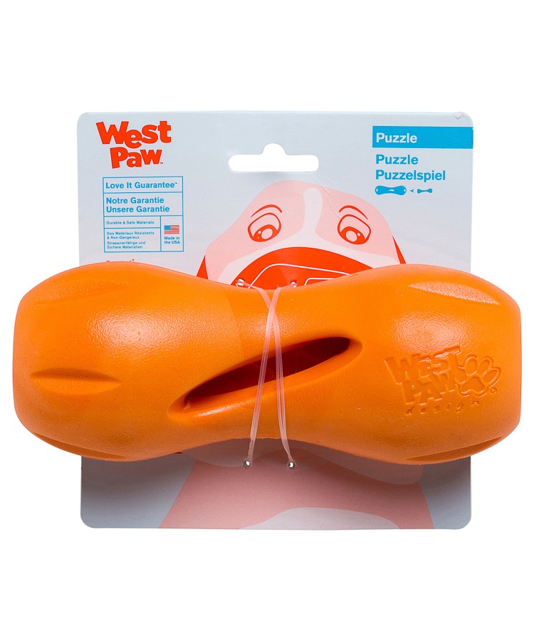 Игрушка West Paw Zogoflex Qwizl L гантеля для собак средних пород под лакомства, оранжевая 17x7 см