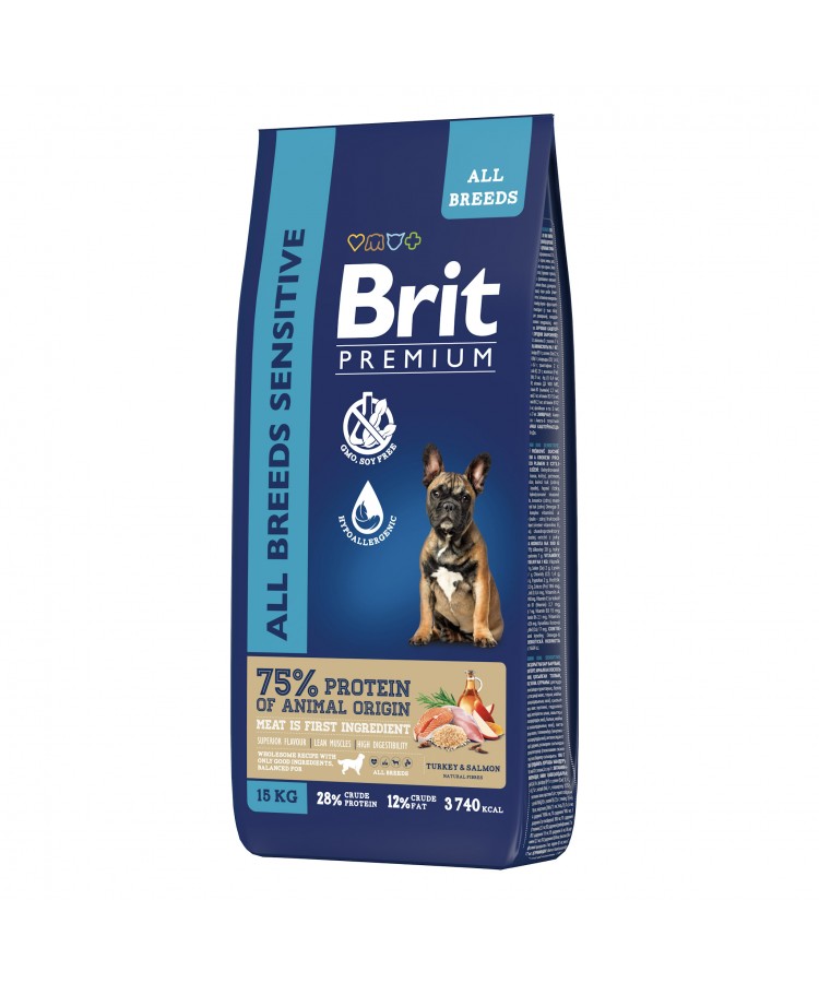 Brit Premium Dog Sensitive с лососем и индейкой для взрослых собак всех пород с чувствительным пищеварением 8 кг