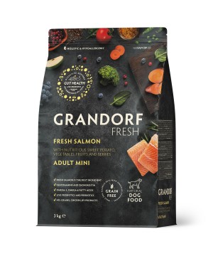 Беззерновой корм GRANDORF Fresh Adult MINI Salmon & Sweet Potato (Свежее филе лосося с бататом для собак мелких пород) 3 кг