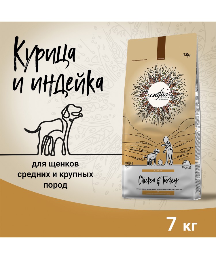 Сухой корм CRAFTIA (КРАФТИЯ) NATURA для щенков средних и крупных пород из курицы и индейки 7 кг